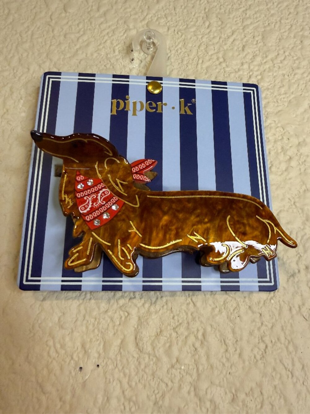 Piper K Dachshund Wiener Dog Hair Barrette Brown Red Bandana Rhinestone NWT
